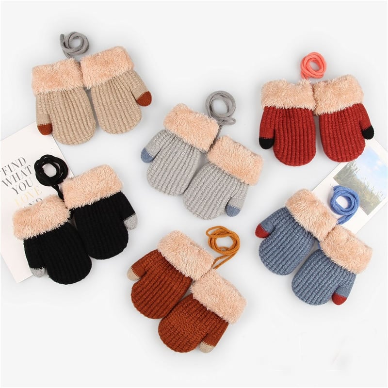 Moufles avec cordon tricotées chaudes et épaisses pour bébés en acrylique_1