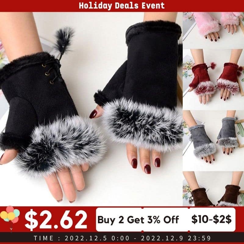 Moufles gants à demi-doigt pour femmes en fourrure de lapin_1