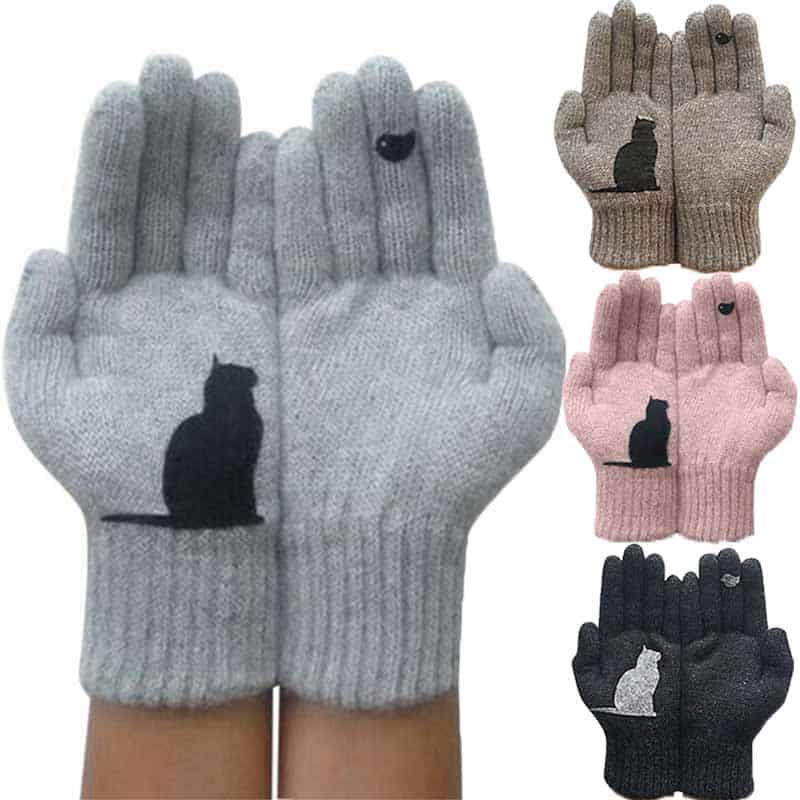 Moufles gants à imprimés de chat en tricot thermique pour femmes_1