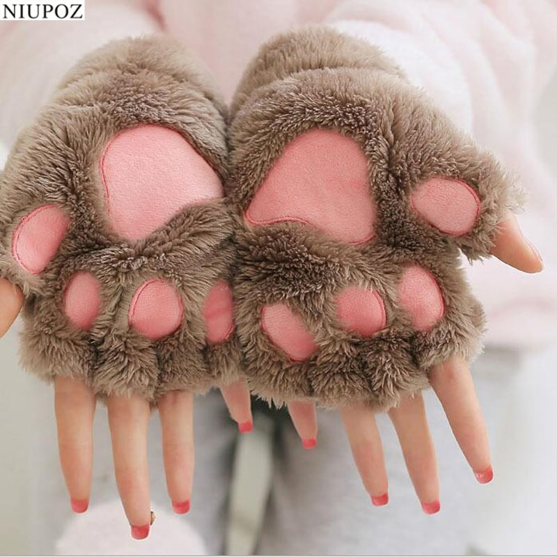 Moufles gants chauds sans doigts en peluche pour femme_1