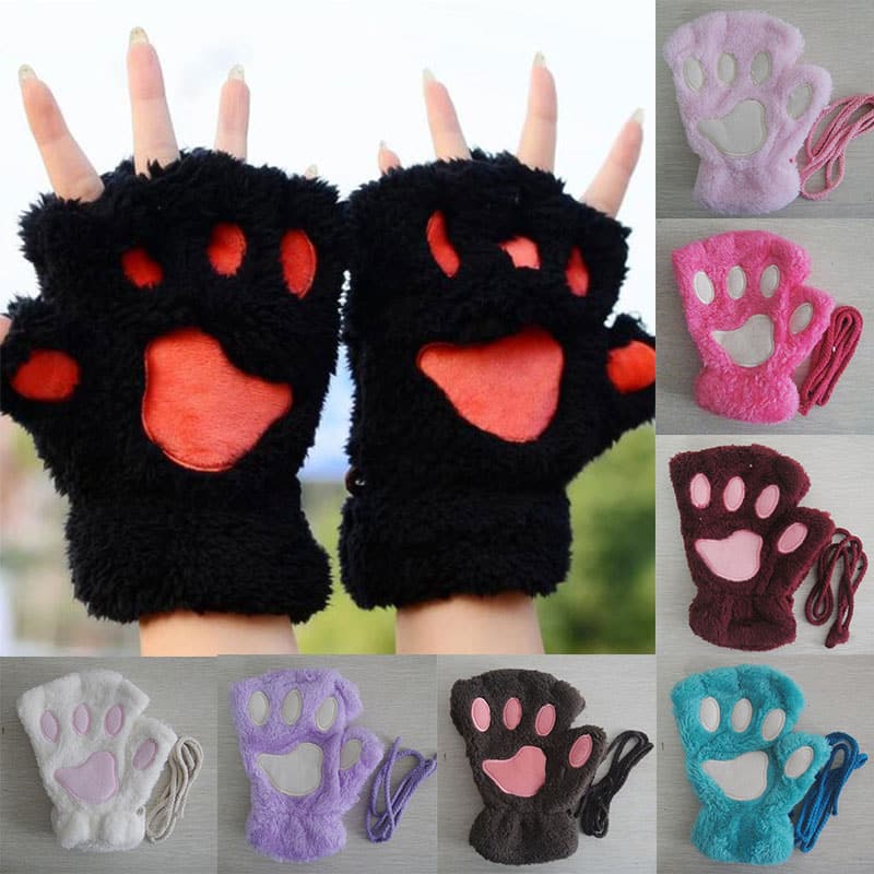Moufles gants en peluche avec patte de chat pour femmes_1
